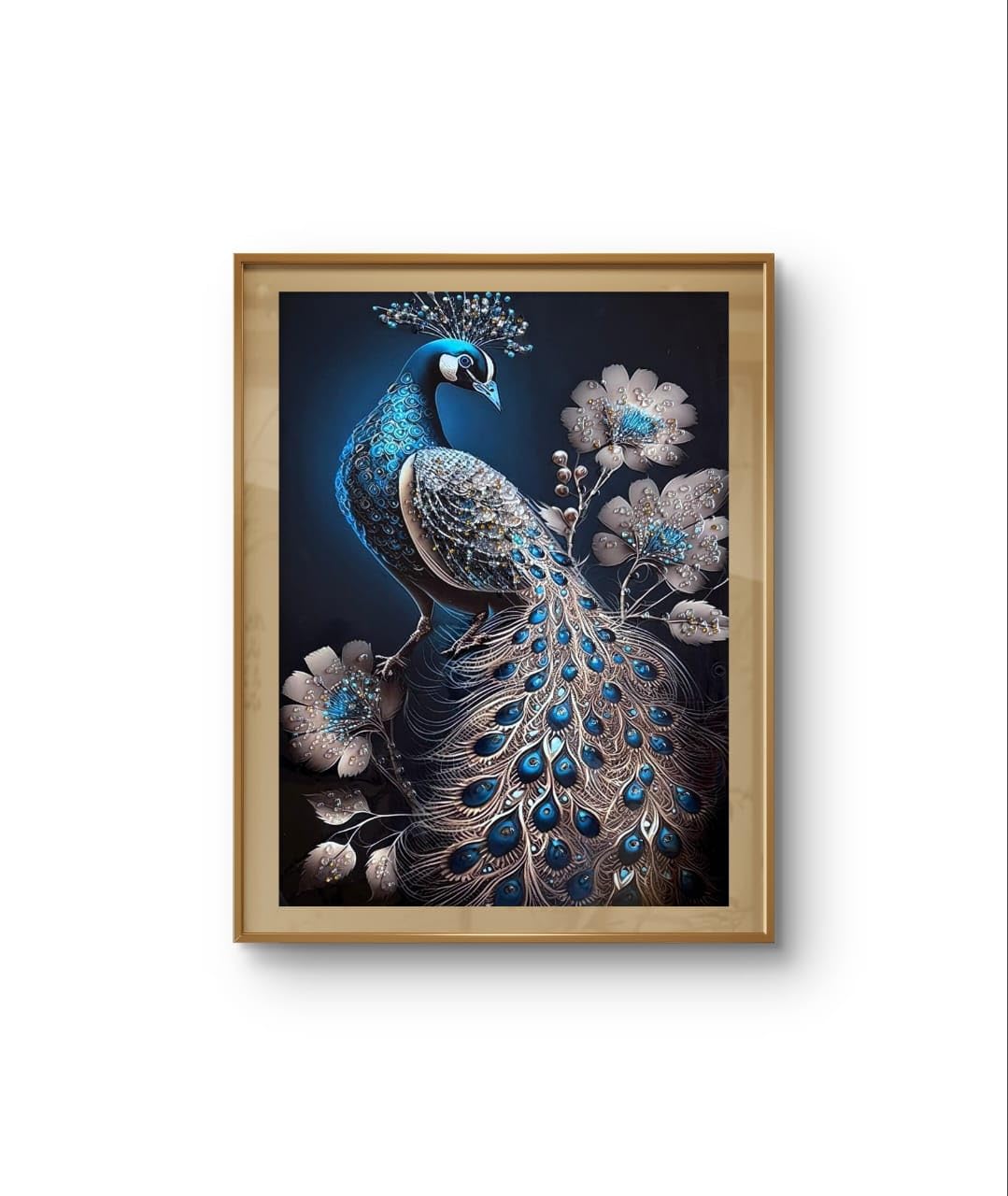 Crystal Peacock Wall Art, Framed Painting for Living Room.