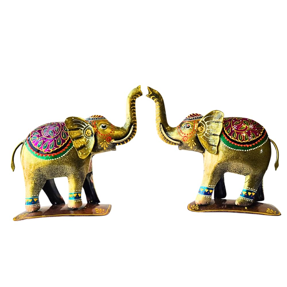 Handpainted Iron Elephant Showpiece with Colorful Ethnic Design,Lustrous Finish, Pack of 2, 7/6.5 Inch (Metal Elephant)