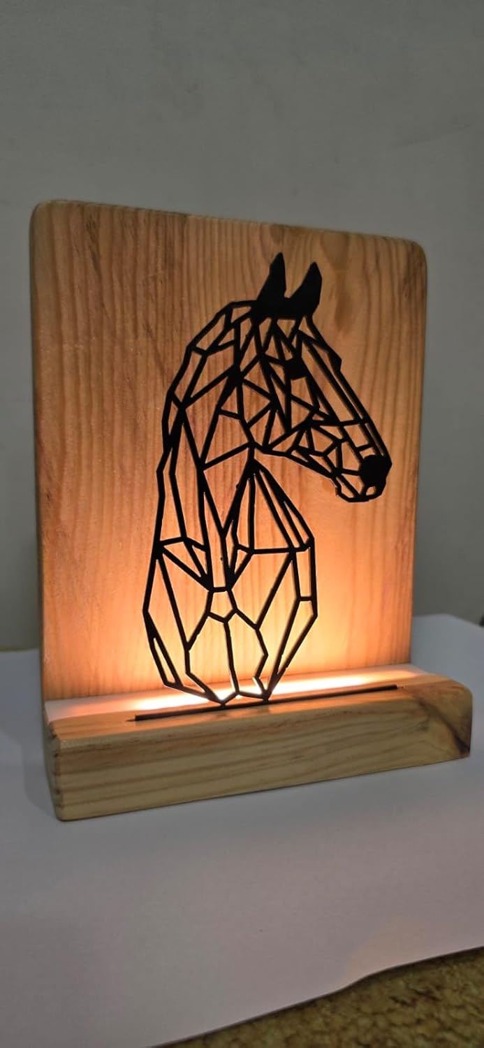 Metal HorseLED Table Lamp Pine Wood Base Laser Cut Design,9x7 inches,Decorative Ambient Lighting Modern Style. (Horse)
