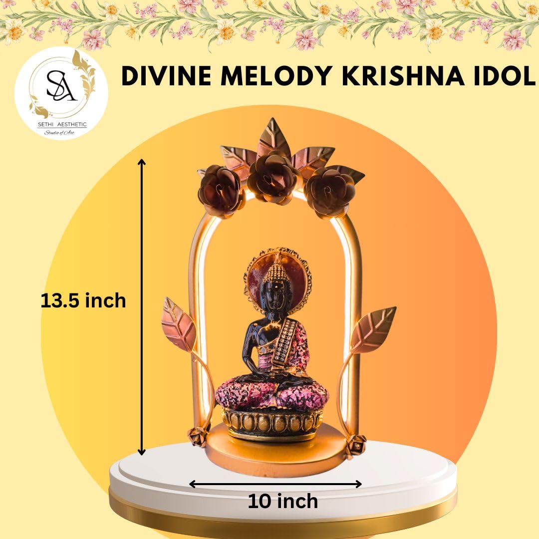 Lord Buddha Figurine with Metal Arch Frame & LED Light | Handcrafted Spiritual Tabletop Showpiece for Home, Office & Pooja Room | Multicolor | 10 x 6 x 13.5 Inch