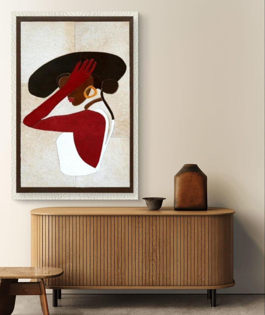 Leather Wall Art decor Lady with Hat Painting, Large Framed, 20 x 28