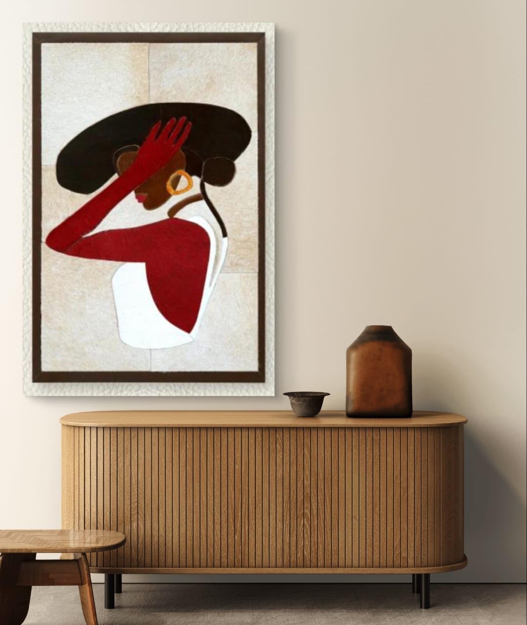 Leather Wall Art decor Lady with Hat Painting, Large Framed, 20 x 28
