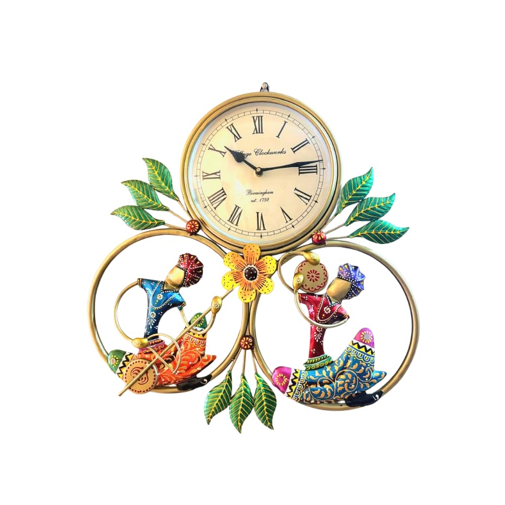 Metal Wall Clock with Decorative Traditional Rajasthani Musician Men, Floral Accents