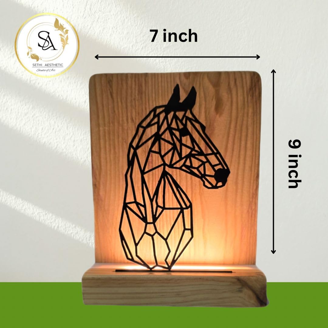 Metal HorseLED Table Lamp Pine Wood Base Laser Cut Design,9x7 inches,Decorative Ambient Lighting Modern Style. (Horse)