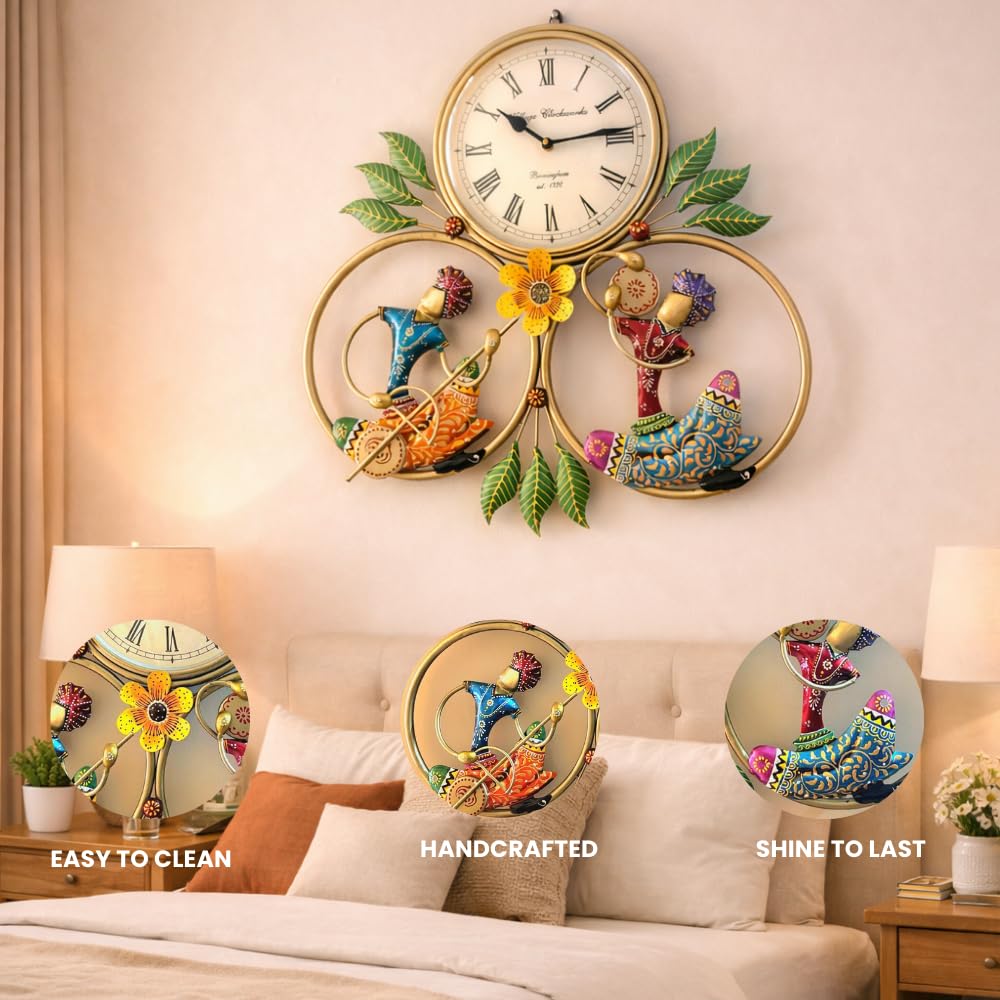 Metal Wall Clock with Decorative Traditional Rajasthani Musician Men, Floral Accents