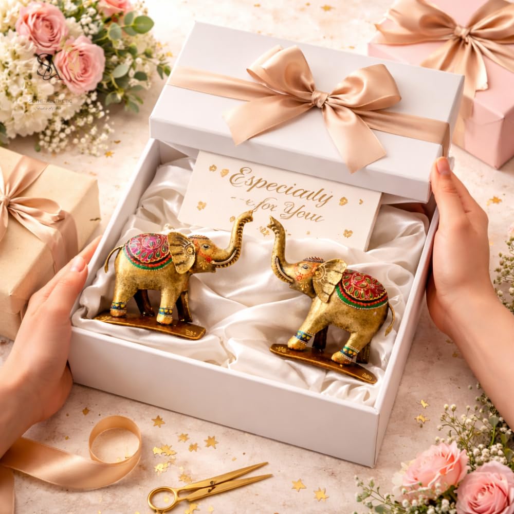 Handpainted Iron Elephant Showpiece with Colorful Ethnic Design,Lustrous Finish, Pack of 2, 7/6.5 Inch (Metal Elephant)