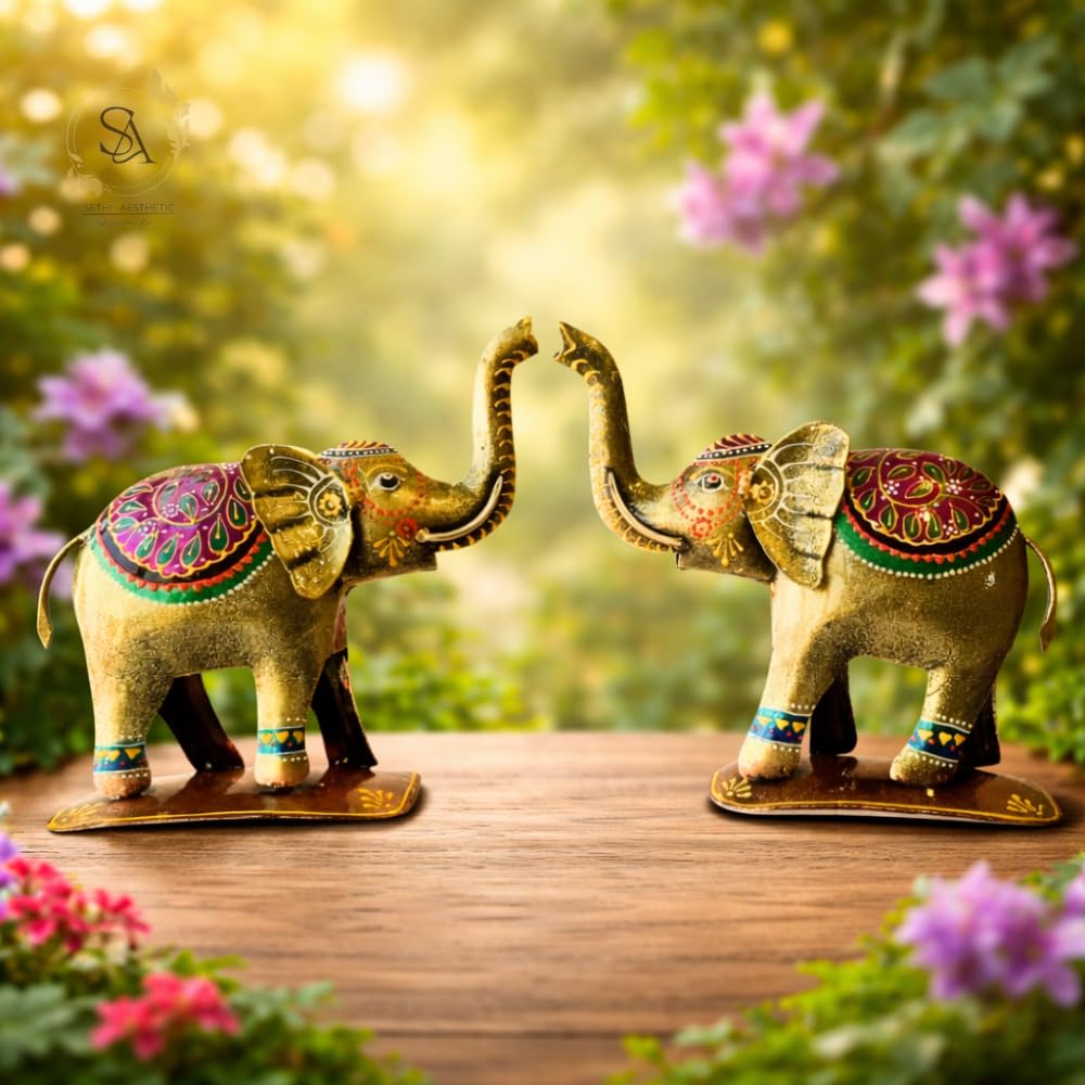 Handpainted Iron Elephant Showpiece with Colorful Ethnic Design,Lustrous Finish, Pack of 2, 7/6.5 Inch (Metal Elephant)