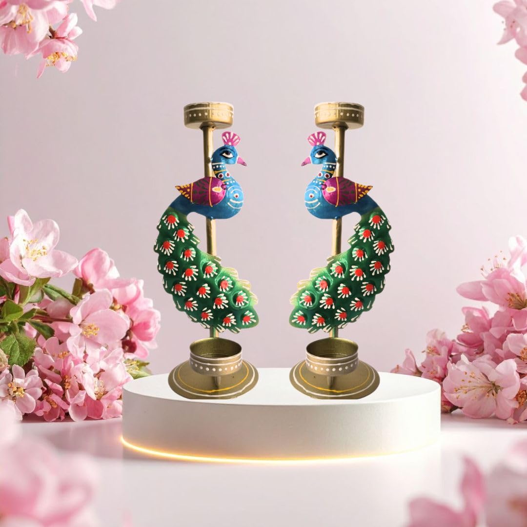 Metal Peacock Tealight Candle Holder, Handcrafted Multi-Colour Rajasthani Design for Home Decor,Festive Decoration and gifting11 x 24 cm (Pair) (Peacock Candle Stand Pair(Mini))