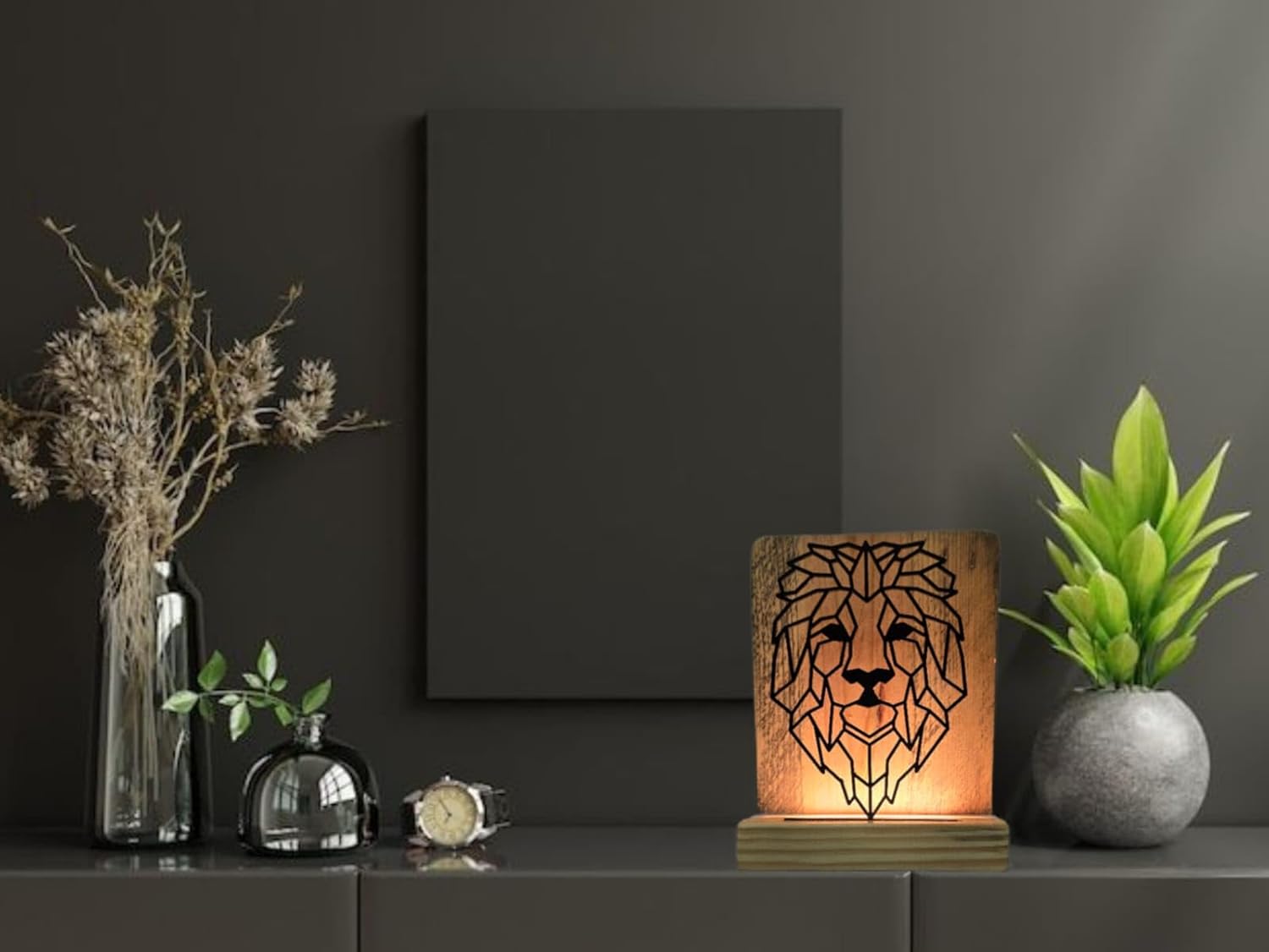 Metal Lion LED Table Lamp with Pine Wood Base, Laser Cut Design, 9x7 Inches, Decorative Ambient Lighting Modern Style, Warm White
