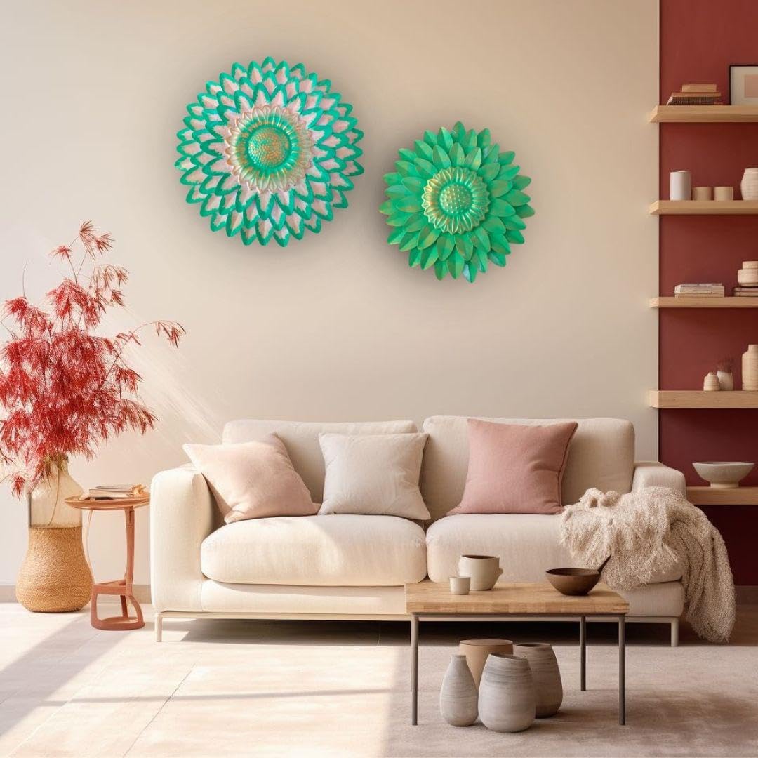 Metal Flower Wall Art Decor, Handmade 3D Layered Petal Design, Set of 2 (13x13 inch and 11x11 inch) (Olive Green)
