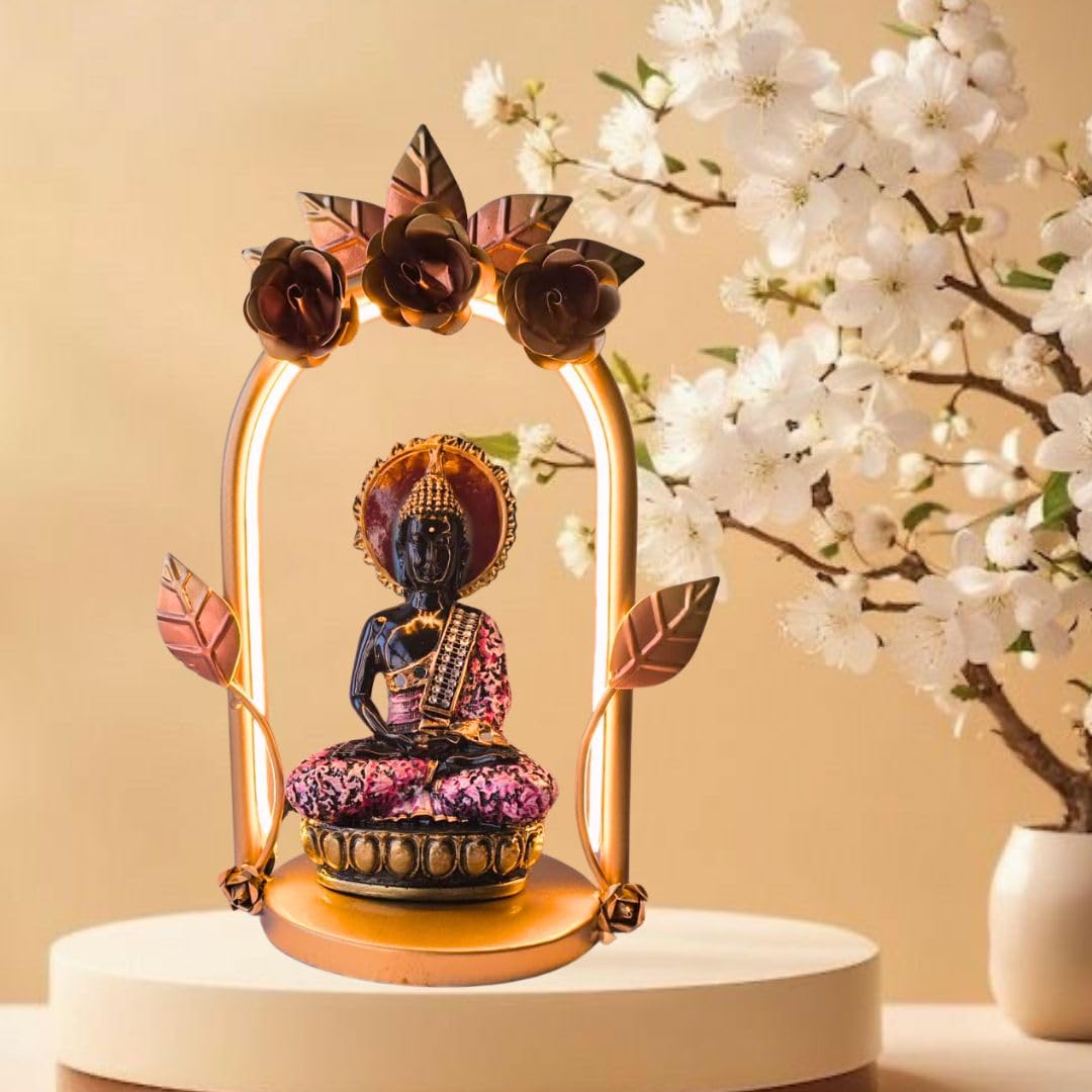Lord Buddha Figurine with Metal Arch Frame & LED Light | Handcrafted Spiritual Tabletop Showpiece for Home, Office & Pooja Room | Multicolor | 10 x 6 x 13.5 Inch