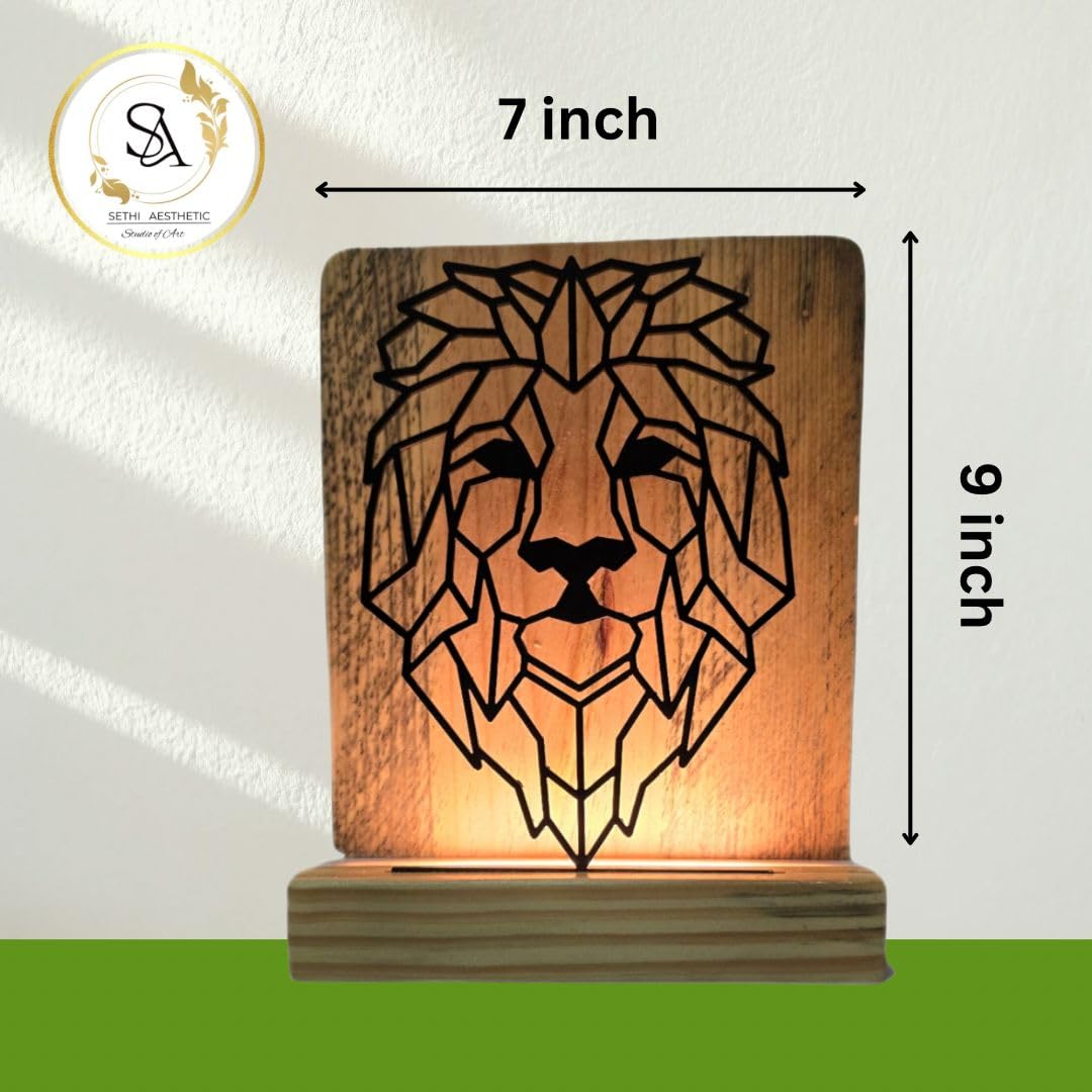 Metal Lion LED Table Lamp with Pine Wood Base, Laser Cut Design, 9x7 Inches, Decorative Ambient Lighting Modern Style, Warm White