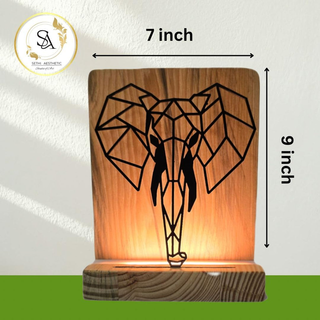 Metal Elephant LED Table Lamp with Pine Wood Base, Natural Wood, Laser Cut Design, 9x7 Inches, Decorative Ambient Lighting Modern Style