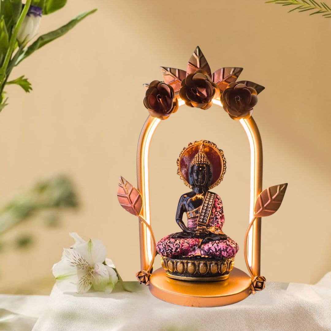 Lord Buddha Figurine with Metal Arch Frame & LED Light | Handcrafted Spiritual Tabletop Showpiece for Home, Office & Pooja Room | Multicolor | 10 x 6 x 13.5 Inch