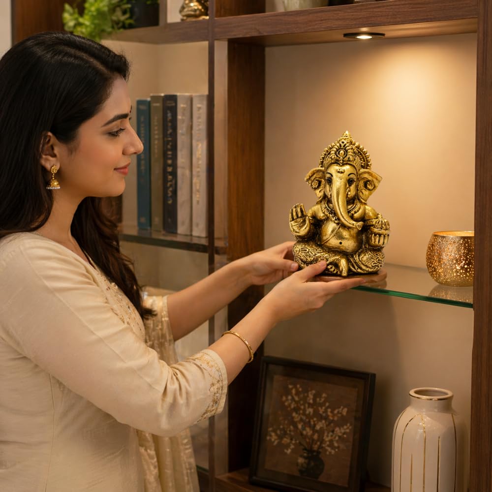 Ganesha Idol for Car Dashboard & Home Decor – Ganpati Murti for Puja Room | Lord Ganesh Statue for Office Desk | Decorative Figurine & Gift Item 3.5" inches (Golden)