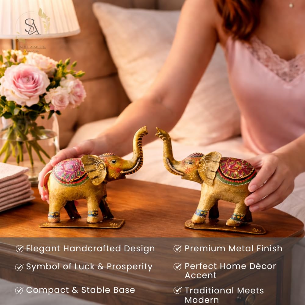 Handpainted Iron Elephant Showpiece with Colorful Ethnic Design,Lustrous Finish, Pack of 2, 7/6.5 Inch (Metal Elephant)