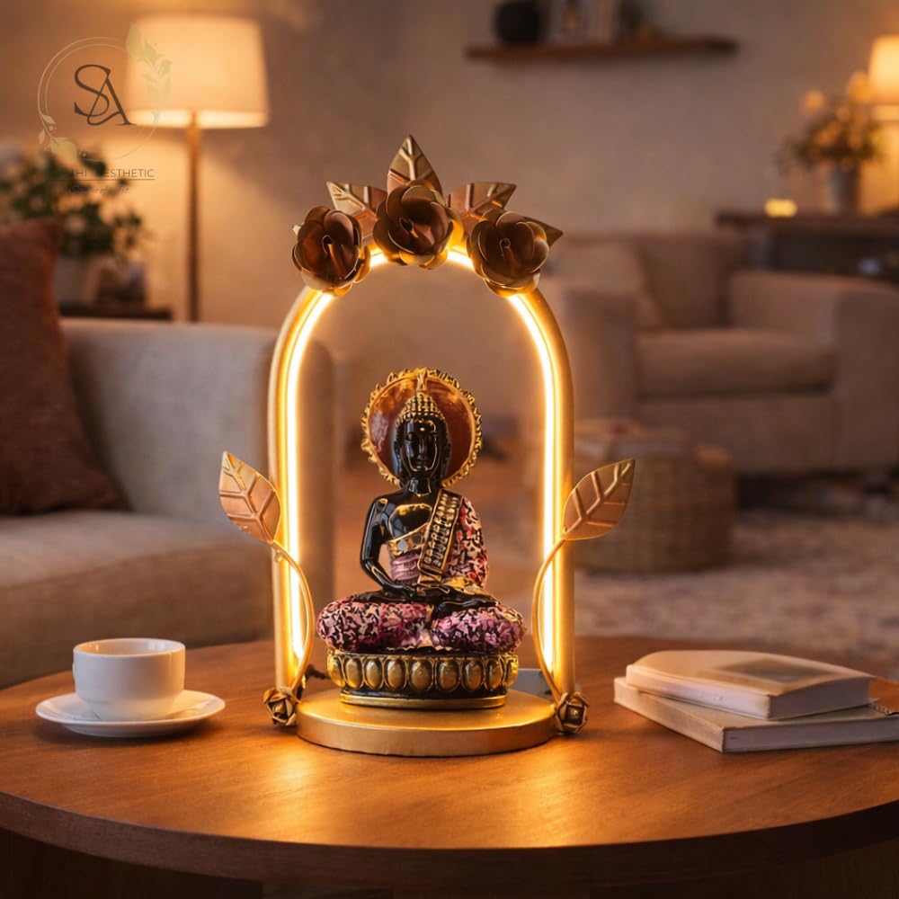 Lord Buddha Figurine with Metal Arch Frame & LED Light | Handcrafted Spiritual Tabletop Showpiece for Home, Office & Pooja Room | Multicolor | 10 x 6 x 13.5 Inch