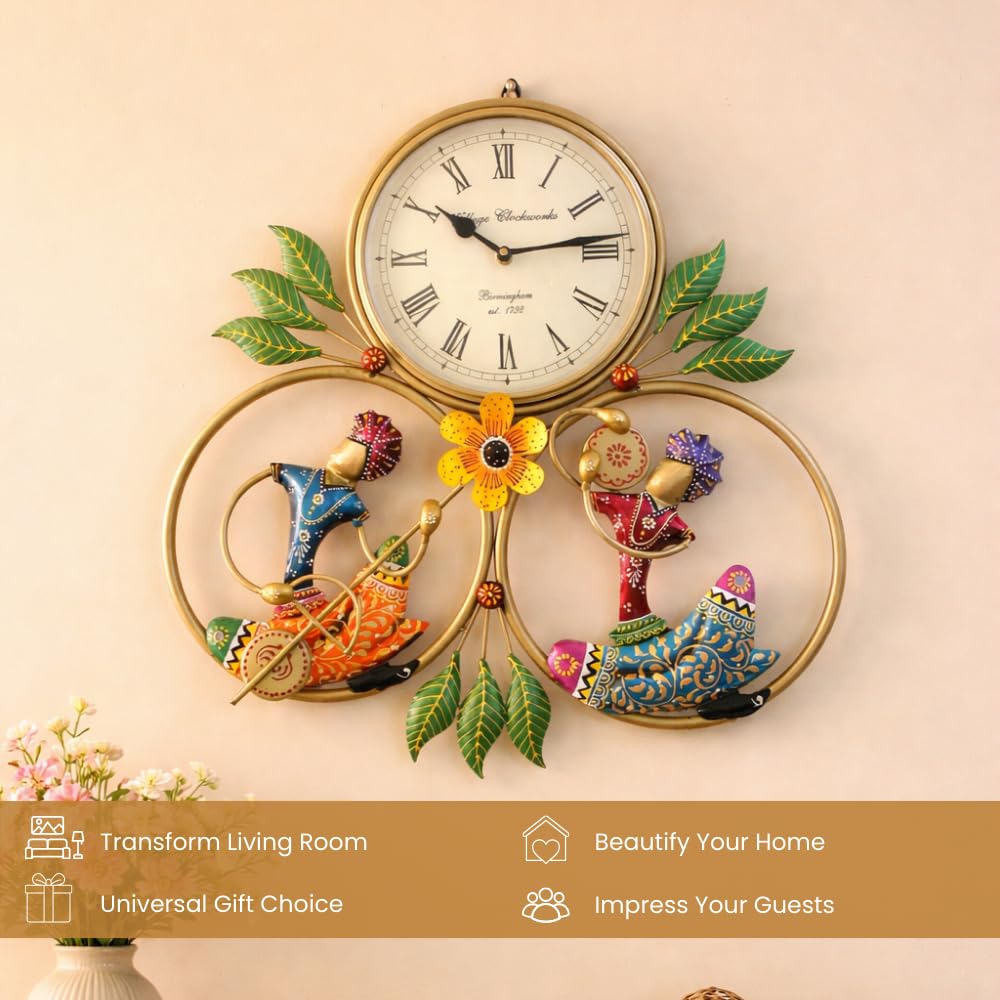 Metal Wall Clock with Decorative Traditional Rajasthani Musician Men, Floral Accents