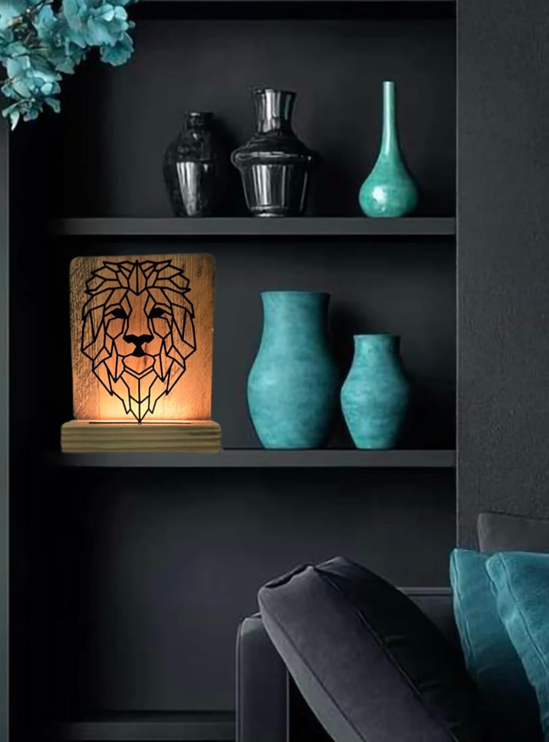 Metal Lion LED Table Lamp with Pine Wood Base, Laser Cut Design, 9x7 Inches, Decorative Ambient Lighting Modern Style, Warm White