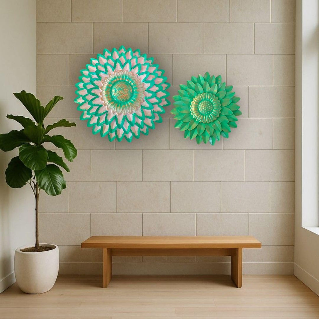 Metal Flower Wall Art Decor, Handmade 3D Layered Petal Design, Set of 2 (13x13 inch and 11x11 inch) (Olive Green)