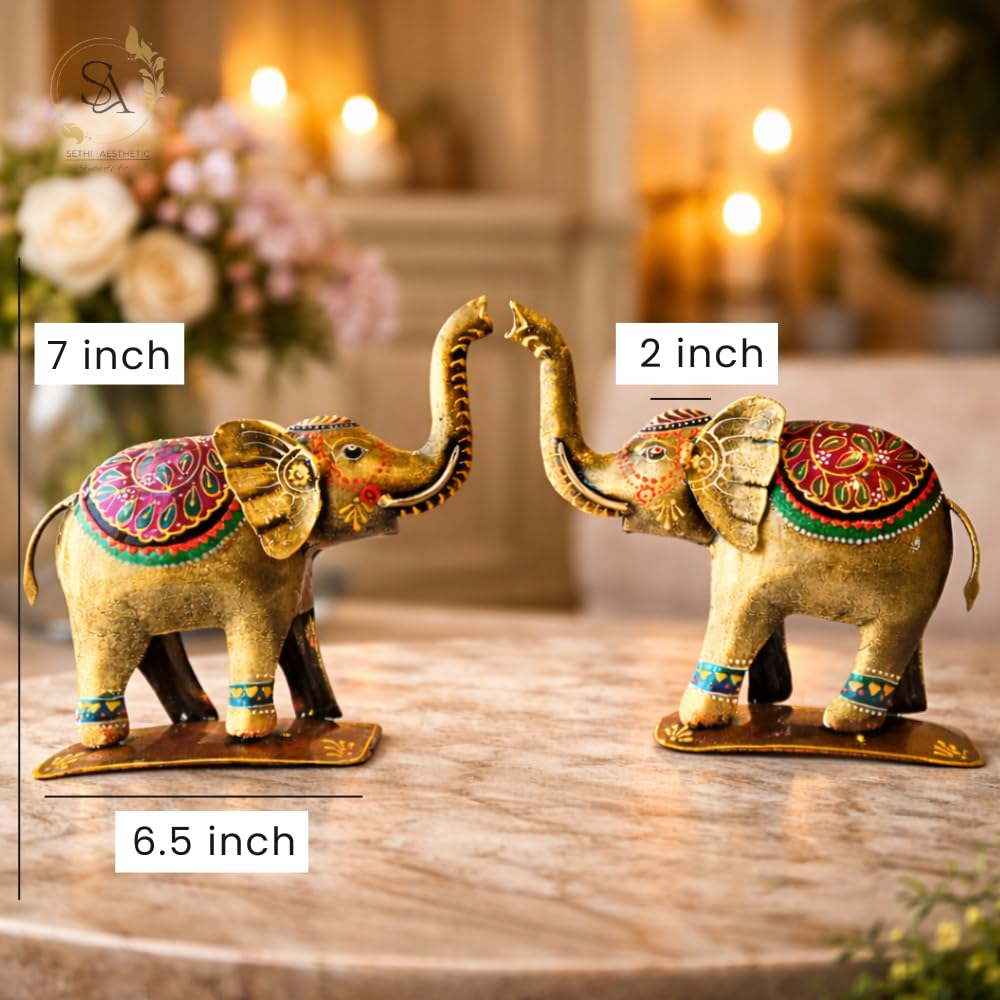 Handpainted Iron Elephant Showpiece with Colorful Ethnic Design,Lustrous Finish, Pack of 2, 7/6.5 Inch (Metal Elephant)