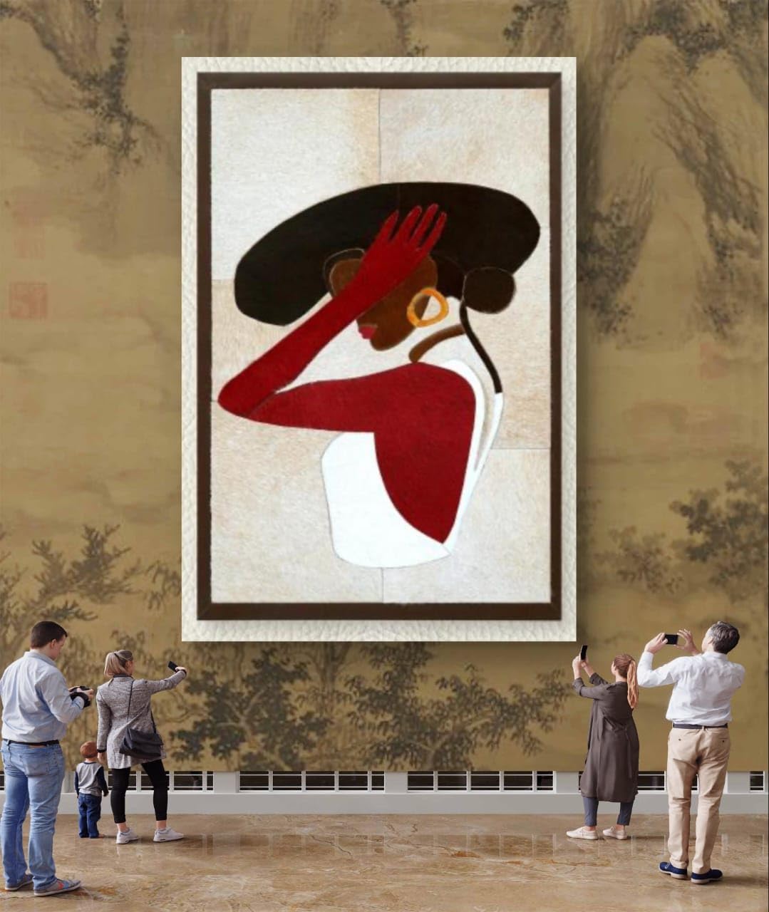 Leather Wall Art decor Lady with Hat Painting, Large Framed, 20 x 28