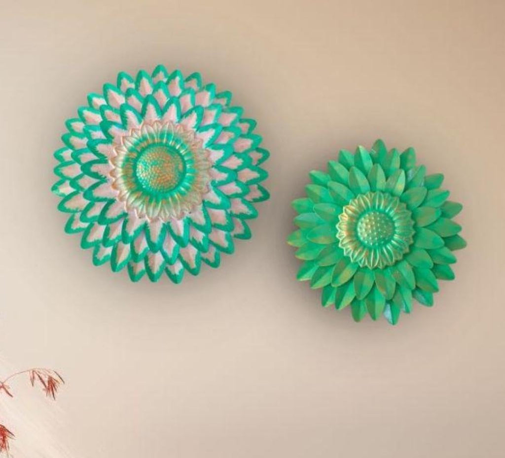 Metal Flower Wall Art Decor, Handmade 3D Layered Petal Design, Set of 2 (13x13 inch and 11x11 inch) (Olive Green)