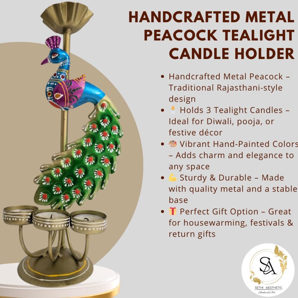 Metal Peacock Tealight Candle Holder Rajasthani Design for Diwali Festive