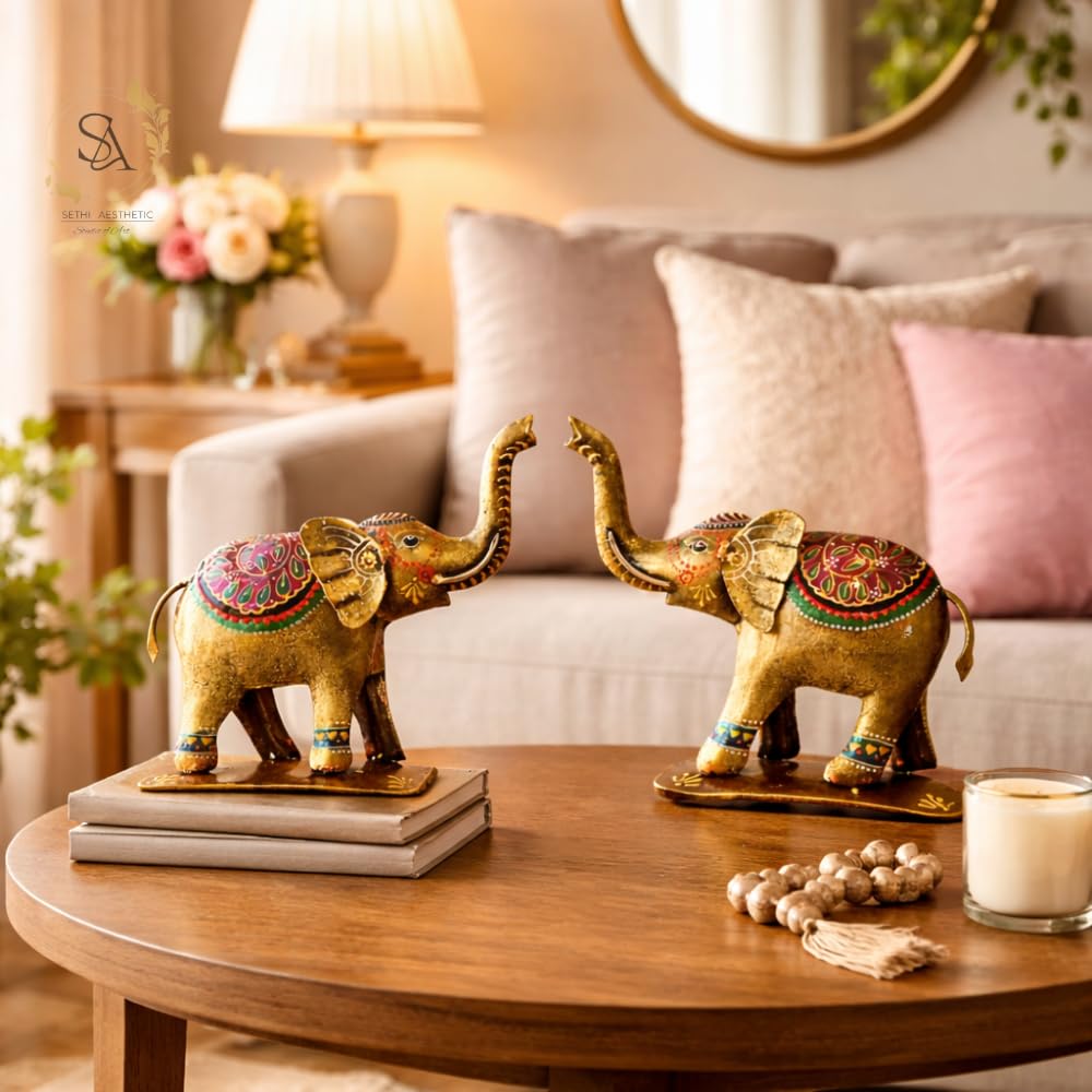 Handpainted Iron Elephant Showpiece with Colorful Ethnic Design,Lustrous Finish, Pack of 2, 7/6.5 Inch (Metal Elephant)
