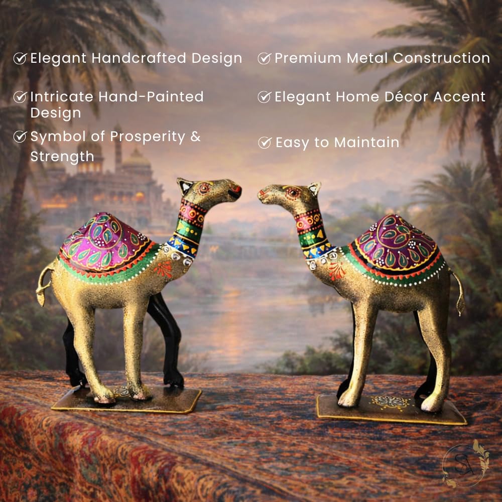 Handpainted Iron Camel Showpiece with Colorful Ethnic Design,Lustrous Finish, Pack of 2, 7/6.5 Inch (Metal Camel)