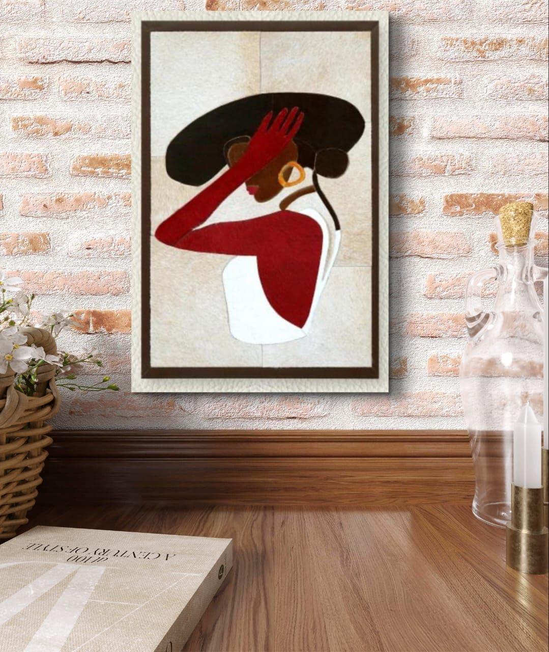 Leather Wall Art decor Lady with Hat Painting, Large Framed, 20 x 28