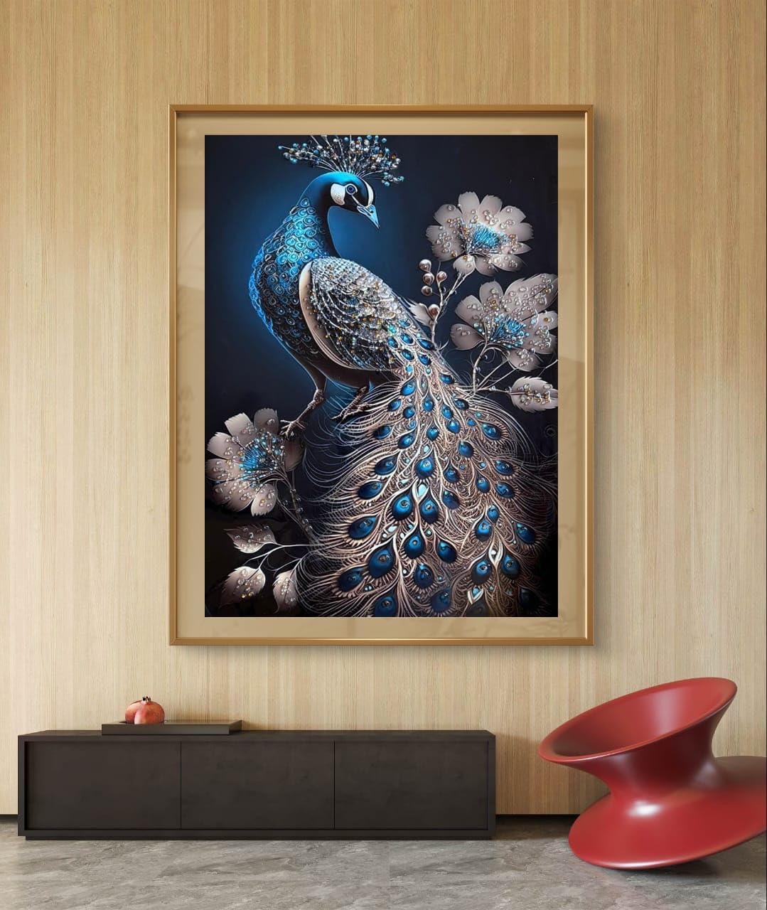 Crystal Peacock Wall Art, Framed Painting for Living Room.