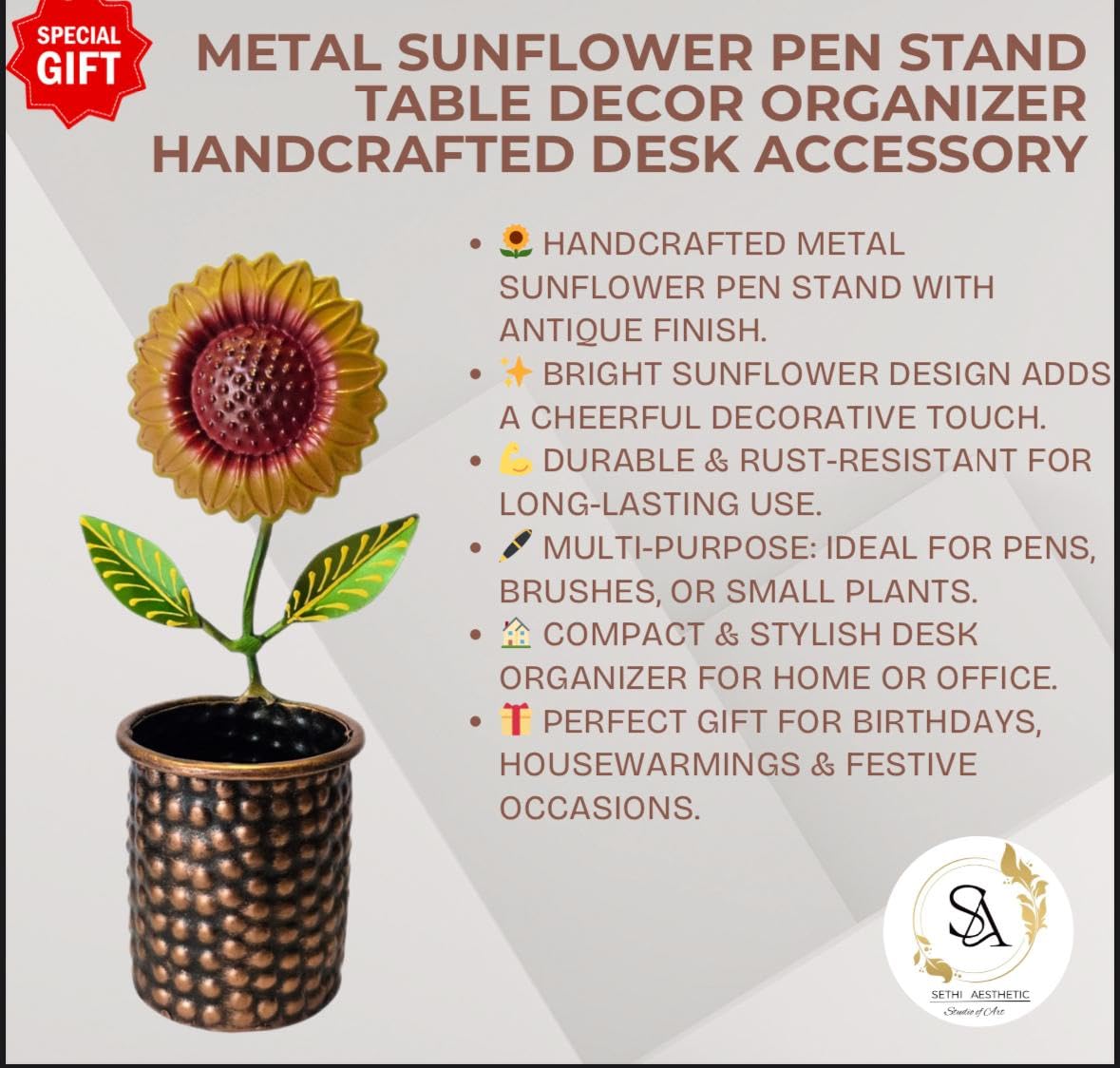 Rajasthani Handcrafted Metal sunflower Pen Stand