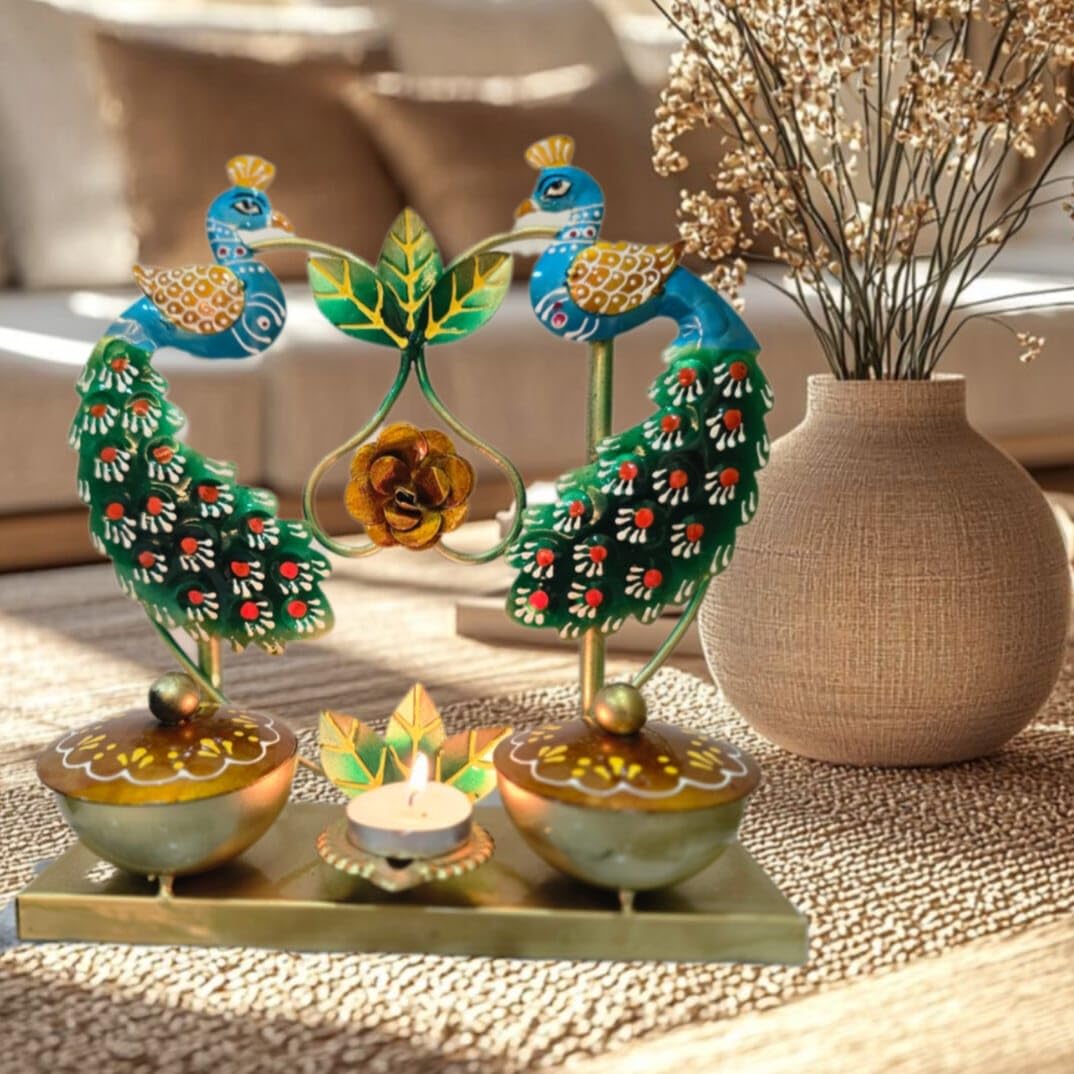 Metal Peacock Tealight Candle Holder/Dry Fruit Container, Handcrafted; Festive Decoration and marraige Return Gifting 25 x 25 cm