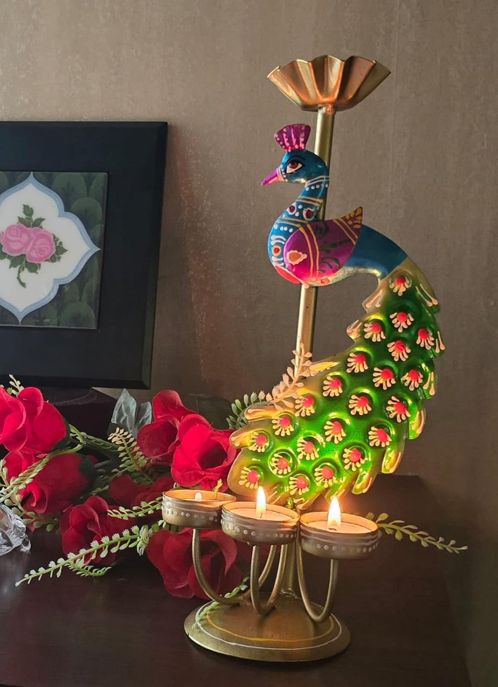 Metal Peacock Tealight Candle Holder Rajasthani Design for Diwali Festive