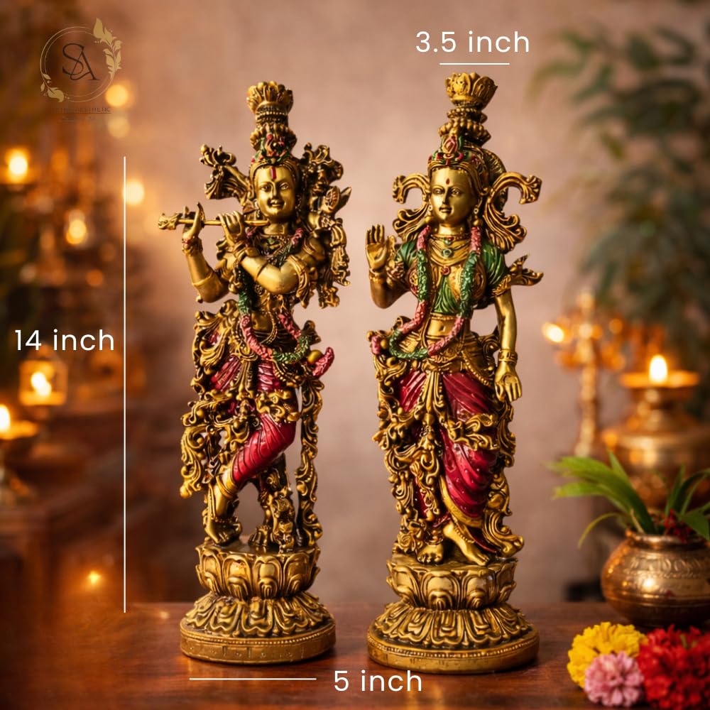 Radha Krishna Resin Showpiece Set 14 Inch | Krishna Playing Flute & Radha Blessing Statue for Home Décor | Living Room | Temple | Festive Gifts (Radha Krishna)