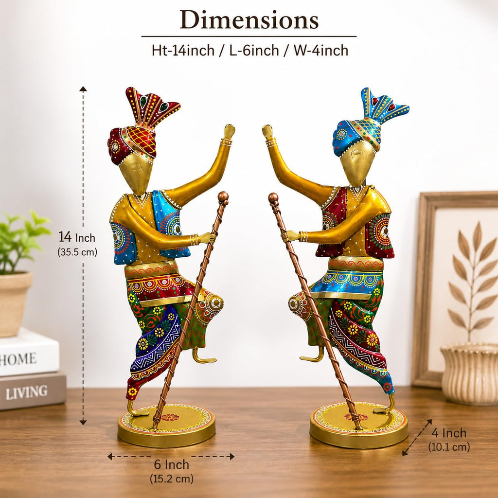 Handcrafted 14 Inch Metal Rajasthani Punjabi Bhangra Sardars Set of 2 | Traditional Hand-Painted Indian Folk Art Showpiece | Decorative Home & Office Décor Gift