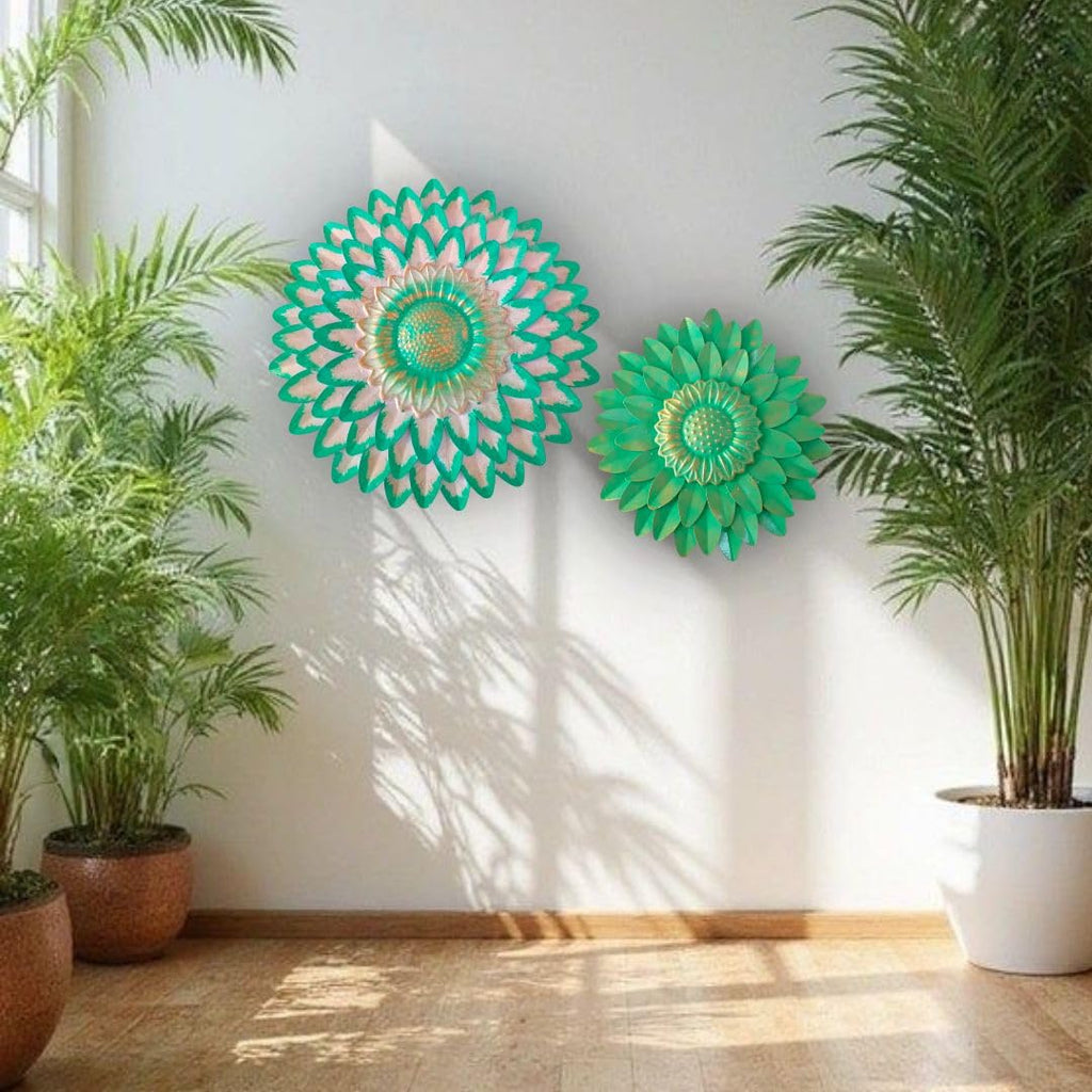 Metal Flower Wall Art Decor, Handmade 3D Layered Petal Design, Set of 2 (13x13 inch and 11x11 inch) (Olive Green)