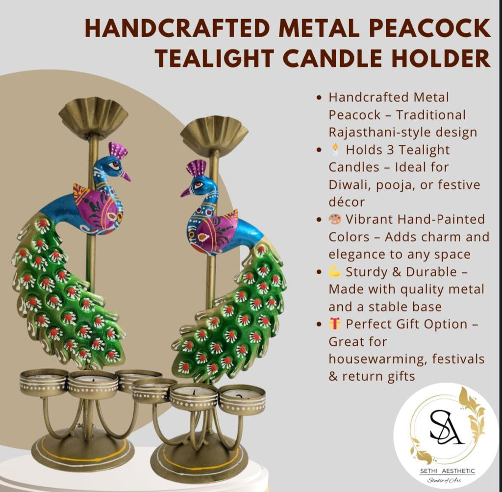 Metal Peacock Tealight Candle Holder Rajasthani Design [Pair])