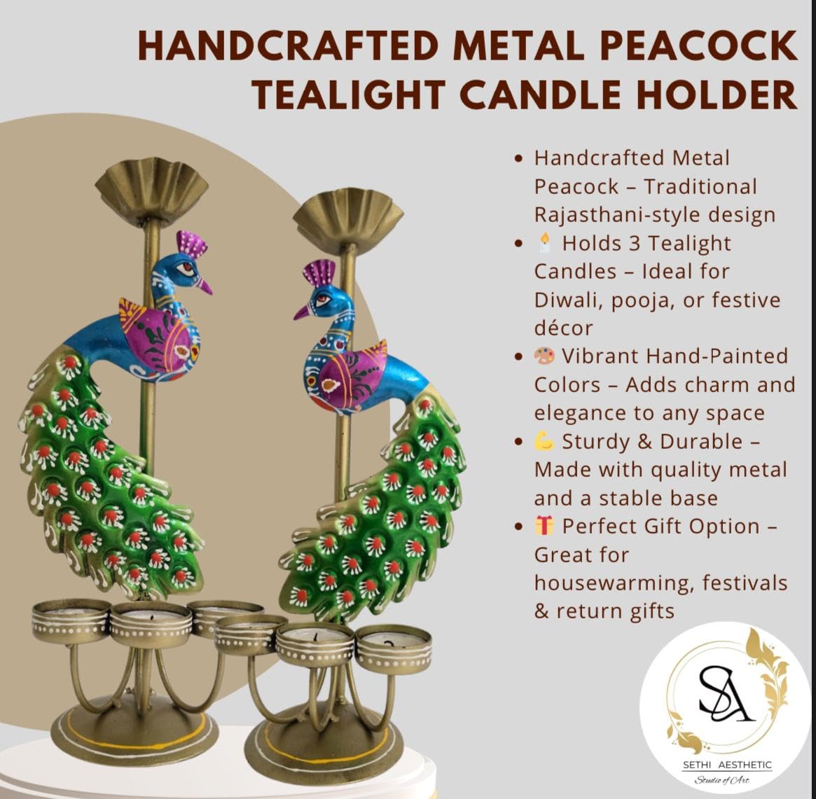 Metal Peacock Tealight Candle Holder Rajasthani Design [Pair])