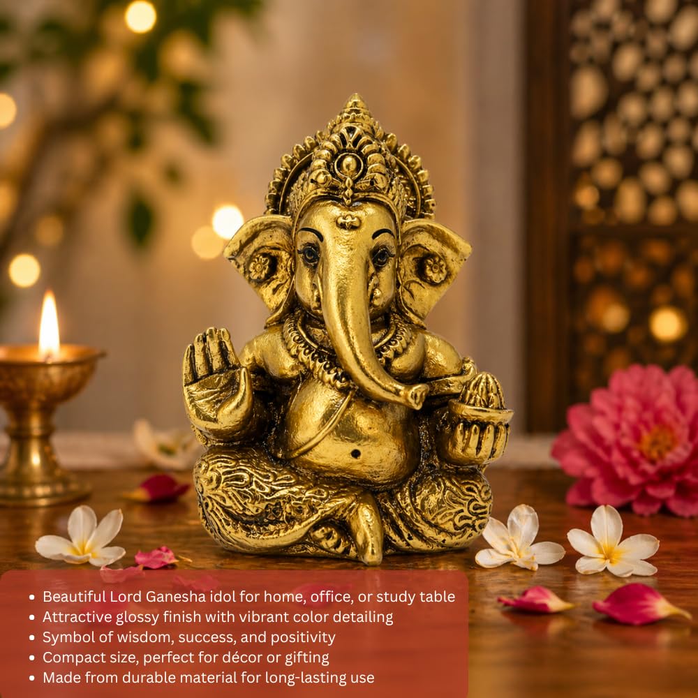 Ganesha Idol for Car Dashboard & Home Decor – Ganpati Murti for Puja Room | Lord Ganesh Statue for Office Desk | Decorative Figurine & Gift Item 3.5" inches (Golden)