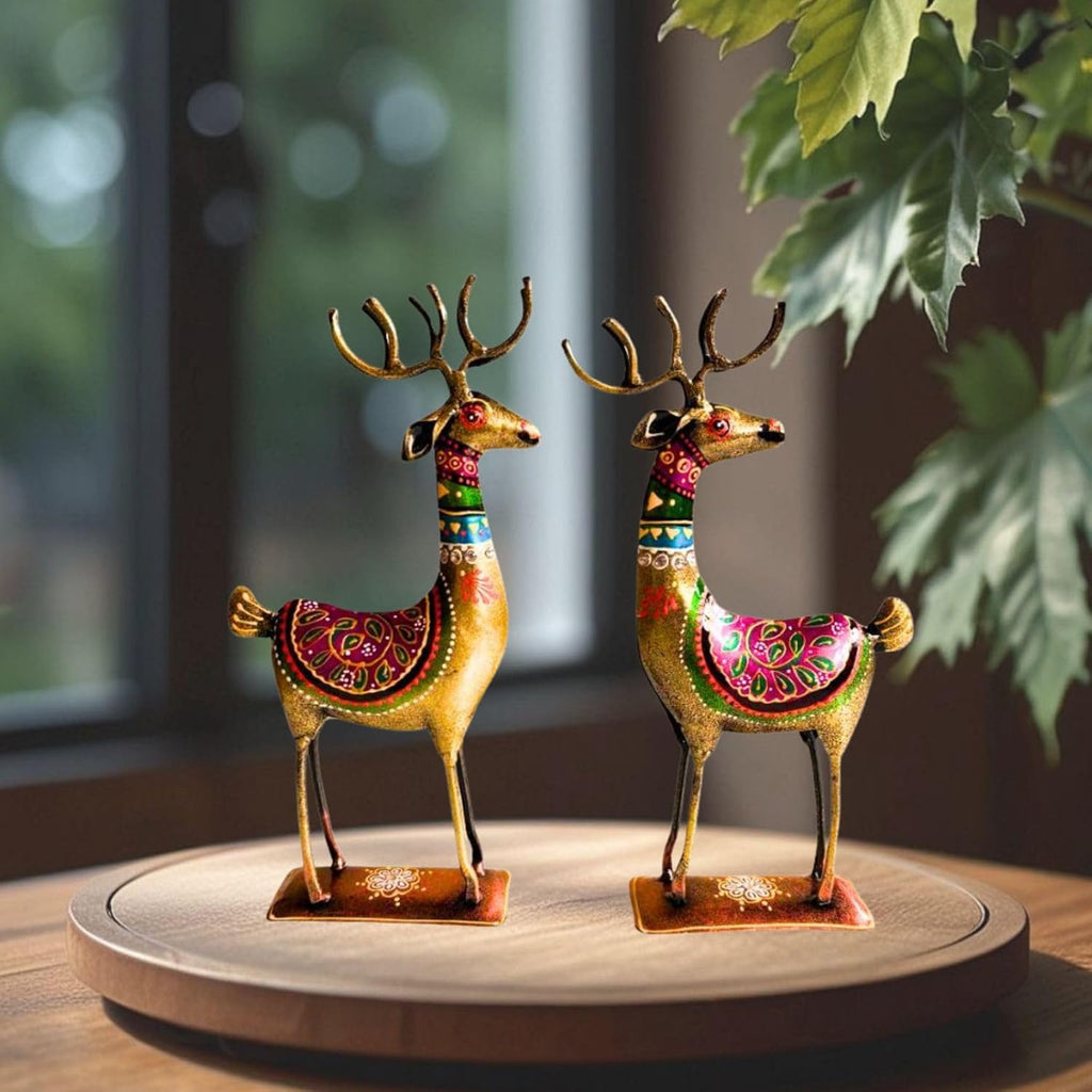 Handpainted Iron Deer Showpiece with Colorful Ethnic Design,Lustrous Finish, Pack of 2, 10.5/4.5 Inch