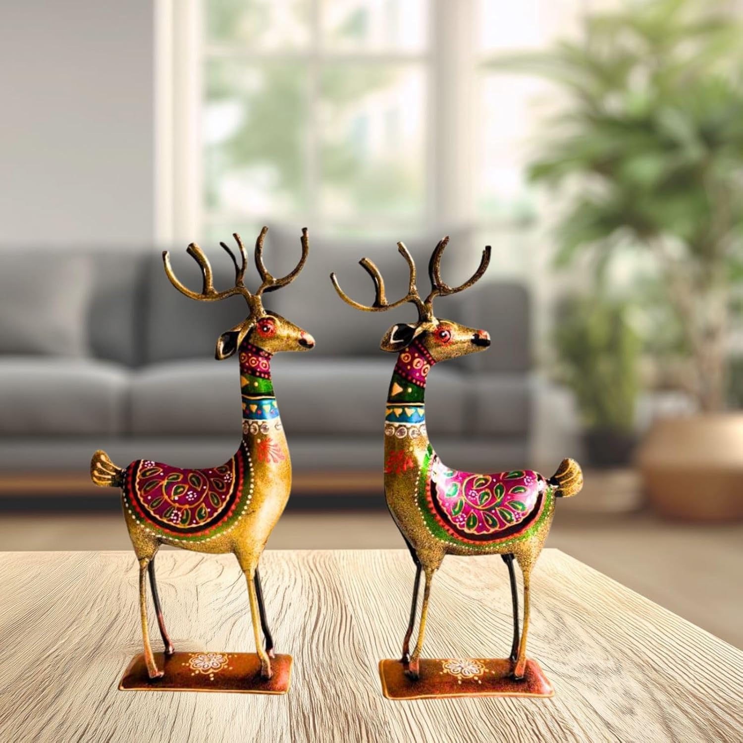 Handpainted Iron Deer Showpiece with Colorful Ethnic Design,Lustrous Finish, Pack of 2, 10.5/4.5 Inch
