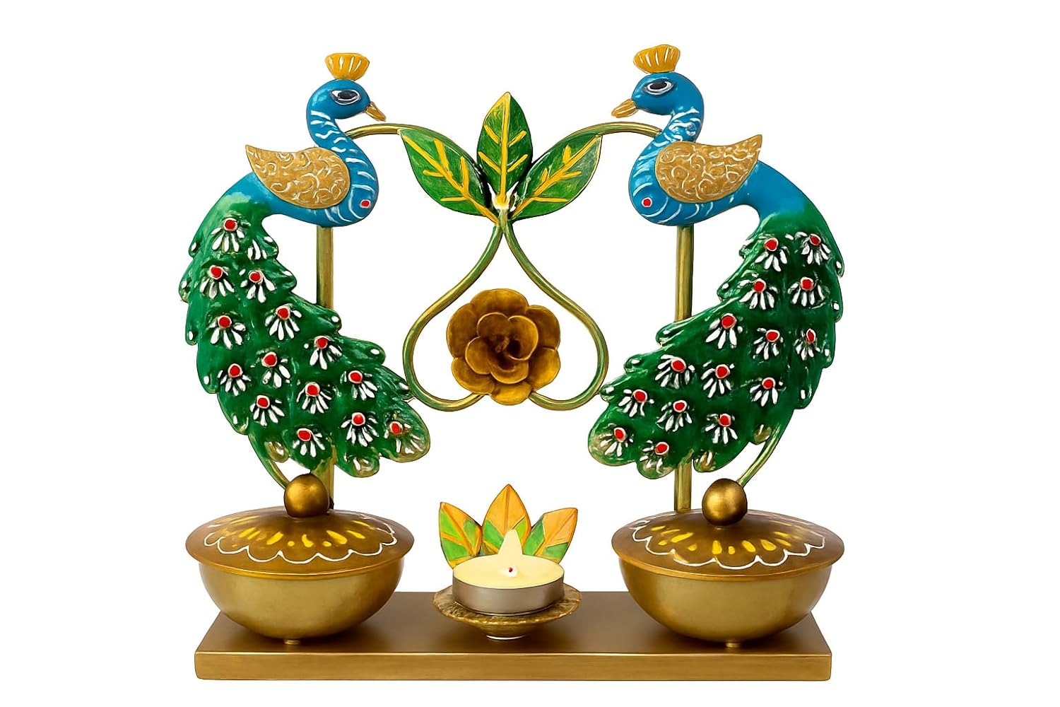 Metal Peacock Tealight Candle Holder/Dry Fruit Container, Handcrafted; Festive Decoration and marraige Return Gifting 25 x 25 cm