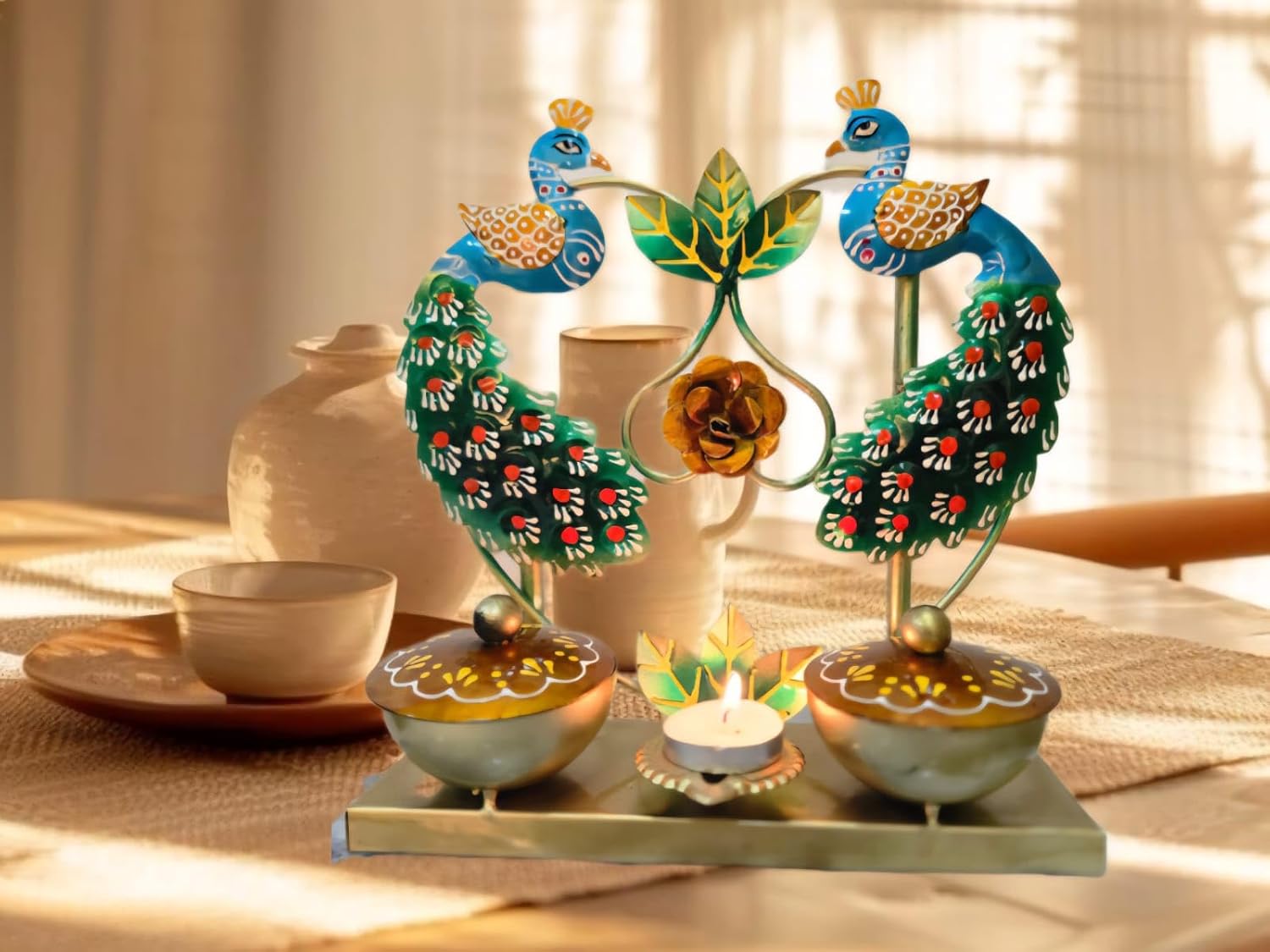 Metal Peacock Tealight Candle Holder/Dry Fruit Container, Handcrafted; Festive Decoration and marraige Return Gifting 25 x 25 cm