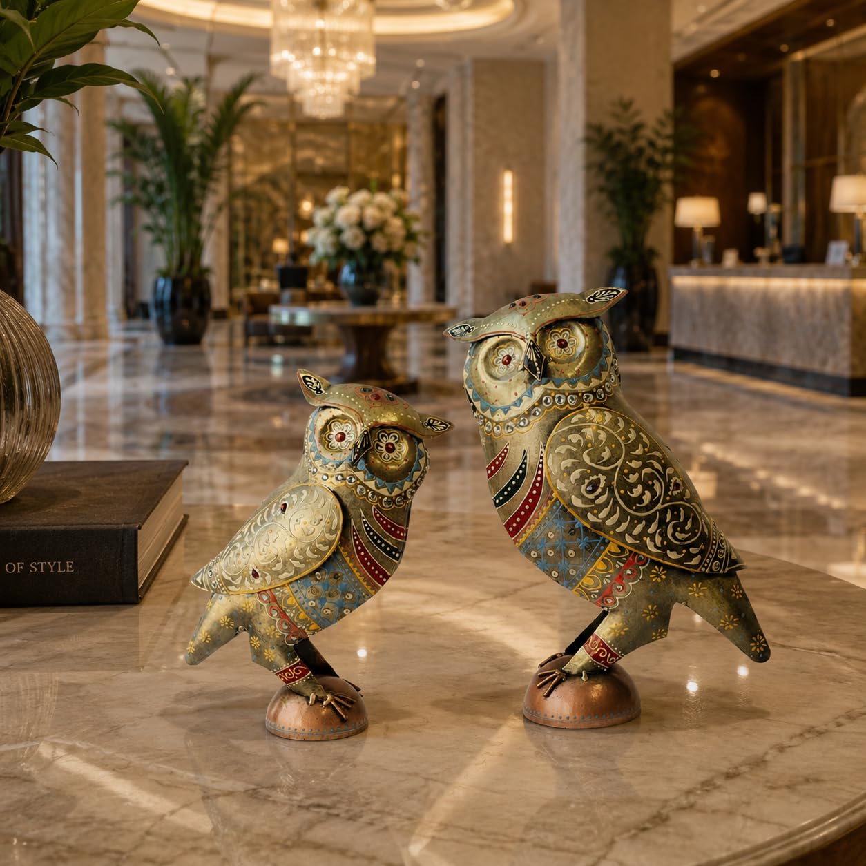 Handcrafted 13 & 10 inch Metal Rajasthani Owl Set for Home Decor | Traditional Indian Art Decorative Owl Figurines | Vintage Hand-Painted Showpiece Set of 2.