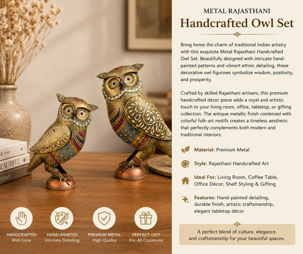 Handcrafted 13 & 10 inch Metal Rajasthani Owl Set for Home Decor | Traditional Indian Art Decorative Owl Figurines | Vintage Hand-Painted Showpiece Set of 2.