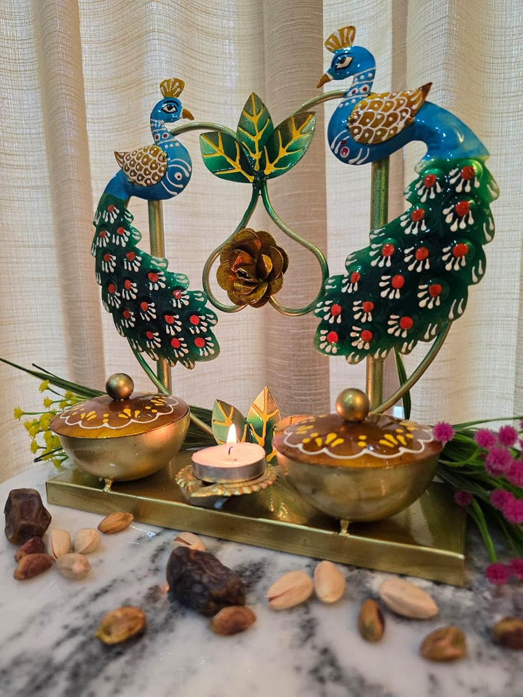 Metal Peacock Tealight Candle Holder/Dry Fruit Container, Handcrafted; Festive Decoration and marraige Return Gifting 25 x 25 cm