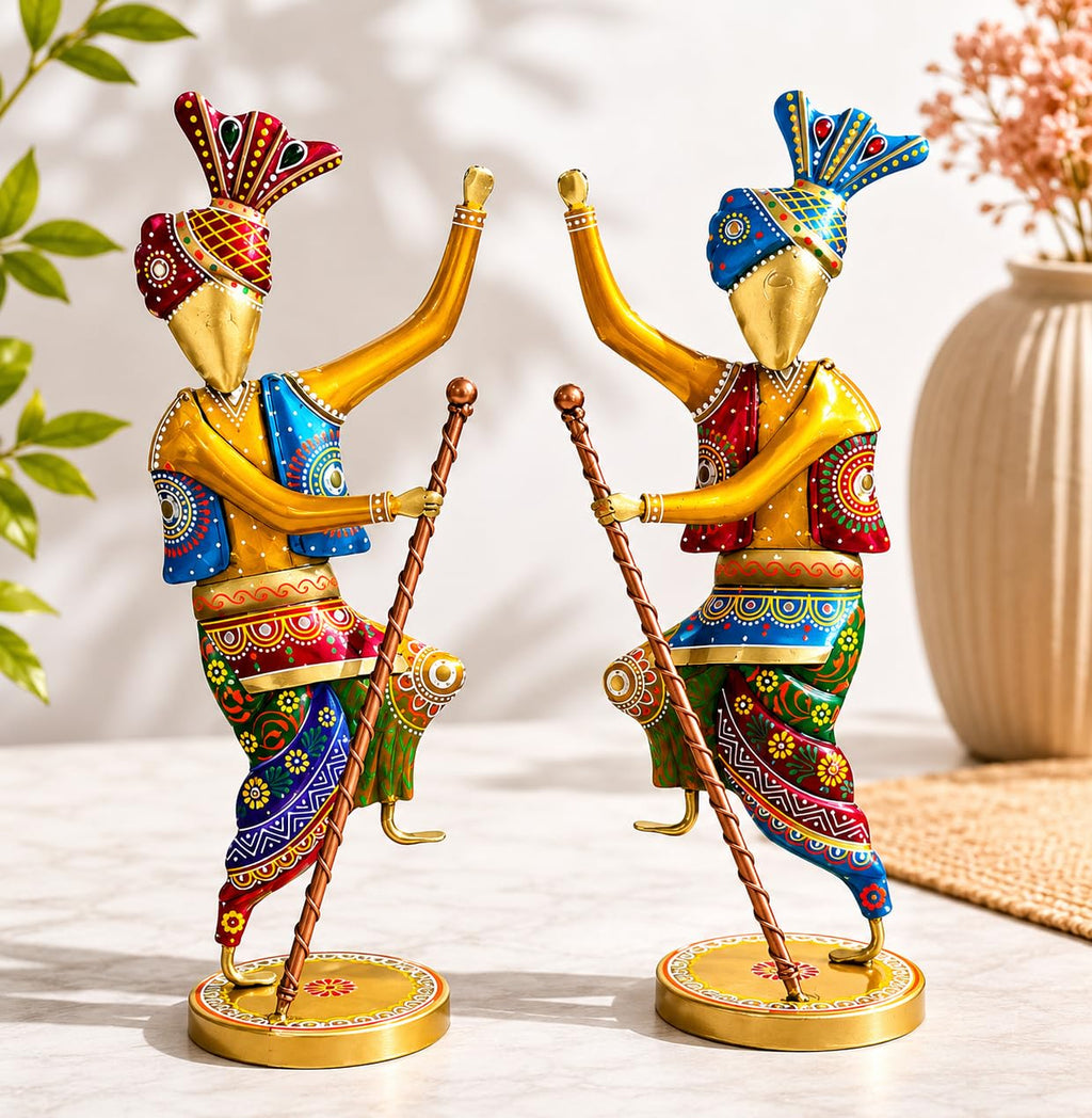 Handcrafted 14 Inch Metal Rajasthani Punjabi Bhangra Sardars Set of 2 | Traditional Hand-Painted Indian Folk Art Showpiece | Decorative Home & Office Décor Gift