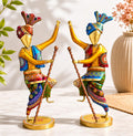 Handcrafted 14 Inch Metal Rajasthani Punjabi Bhangra Sardars Set of 2 | Traditional Hand-Painted Indian Folk Art Showpiece | Decorative Home & Office Décor Gift